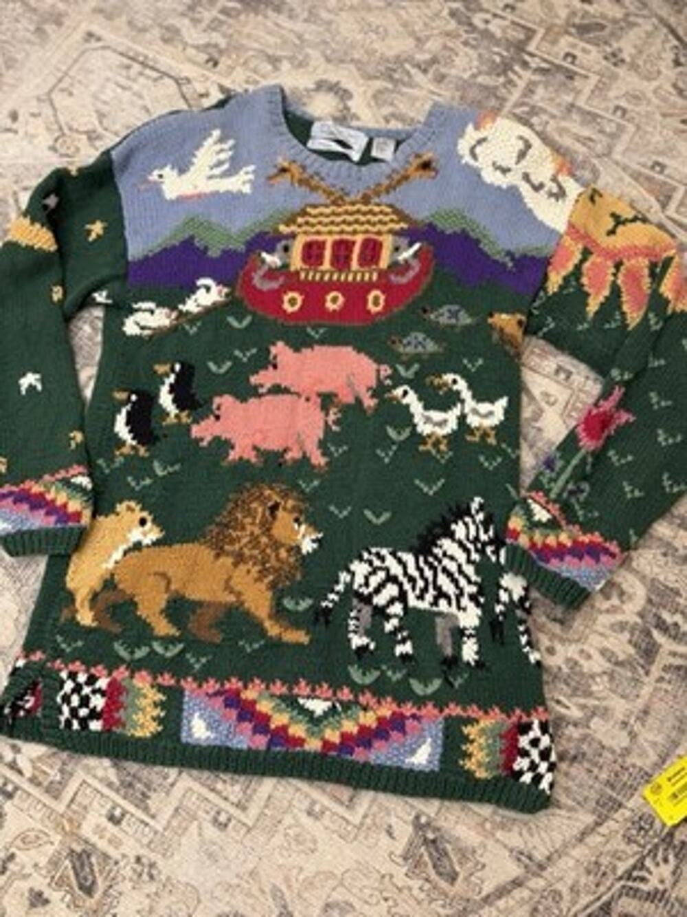 Vtg Signatures by Northern Isles Hand knit Sweater Women XL Green Noah's Ark